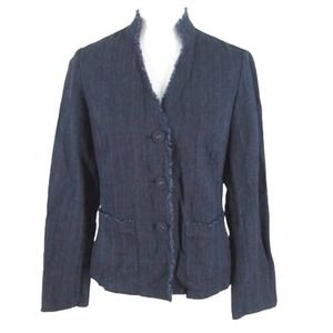J Jill Blue Black Linen Rayon Lightweight "Fringe" Trim Blazer Career Sz 16‎
